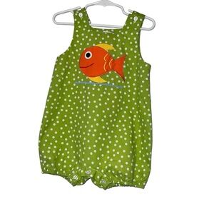 Monday’s Child Green Polka Dot Romper with Orange Fish 24m